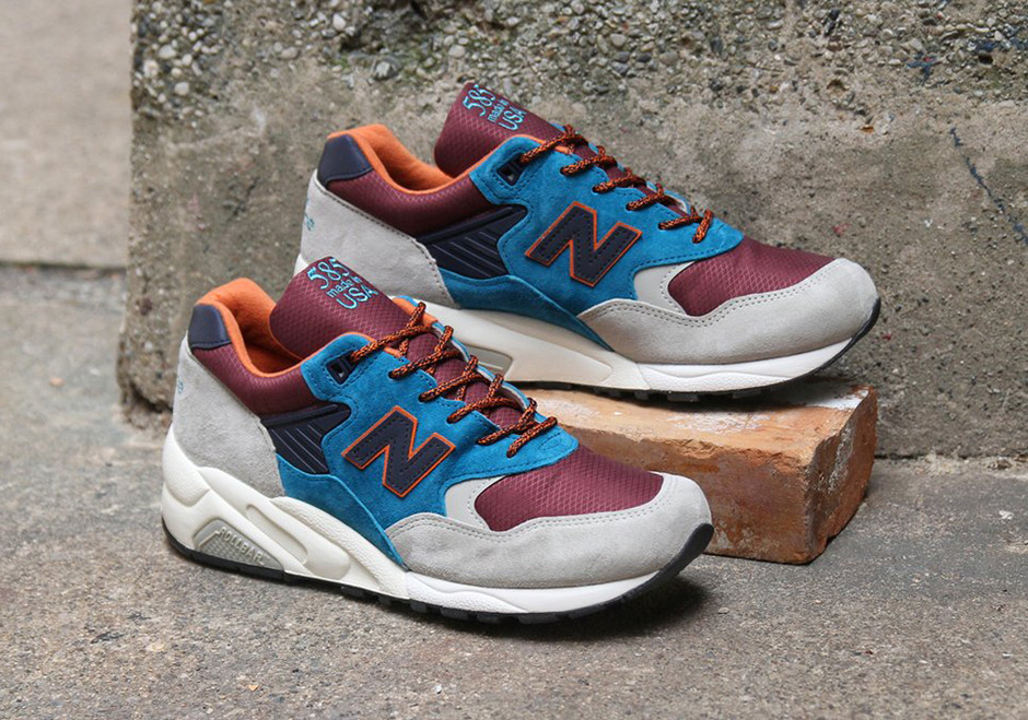 New Balance 585 Grey Blue Burgundy Orange 1