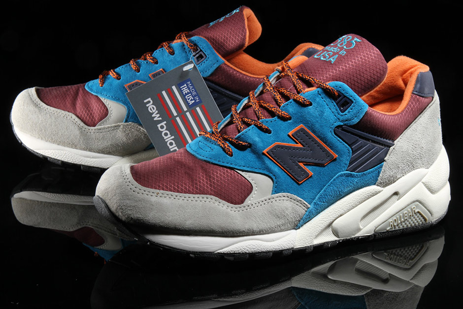 New Balance 585 Grey Blue Burgundy Orange 3