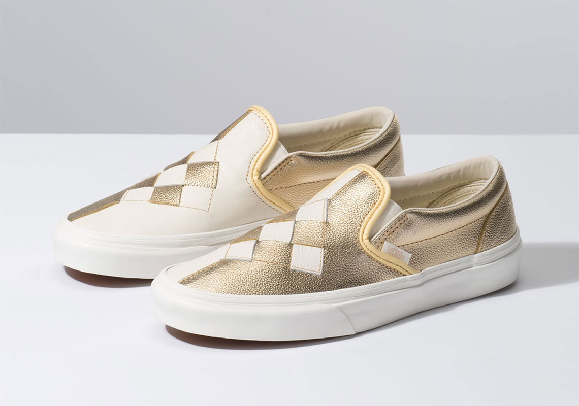 Vans Checkerboard Leather Woven Slip On Gold 1