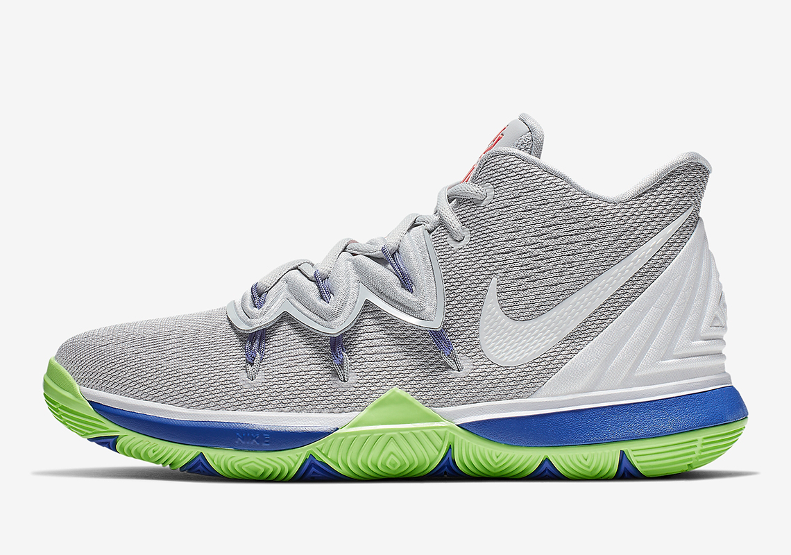 This Boys Exclusive Nike Kyrie 5 features Grey, Lime, And Blue Hits