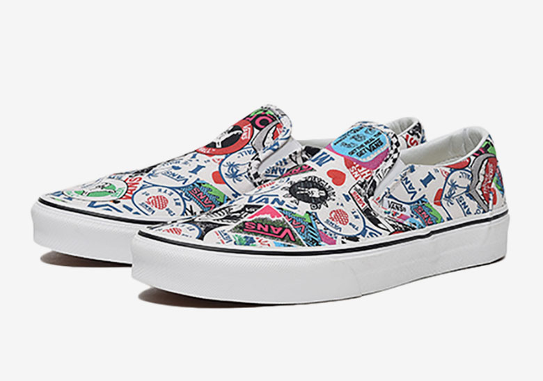 The History Of Vans Logos Appear On This All Over Print Slip-On