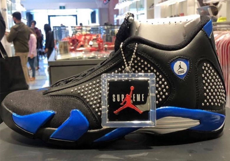 Supreme's Studded Air Jordan 14 Revealed In Black And Royal