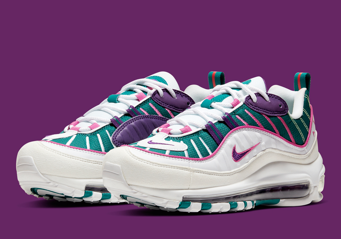 The Nike Air Max 98 For Women Adds A Mixed Palette Of Teal, Purple, And Pink