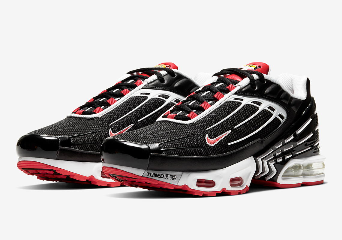 The Nike Air Max Plus 3 Appears In A Classic Black, Red, And White Scheme