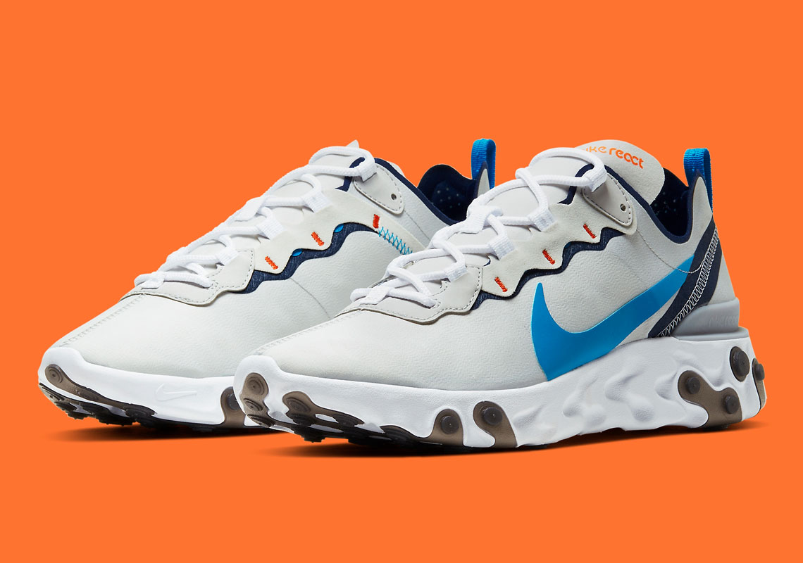 The Nike React Element 55 "Light Silver" Accents Perfectly With Blue And Orange