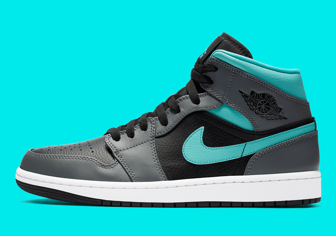 Air Jordan 1 Mid, Clad In Leather, Appears In Grey And Aqua