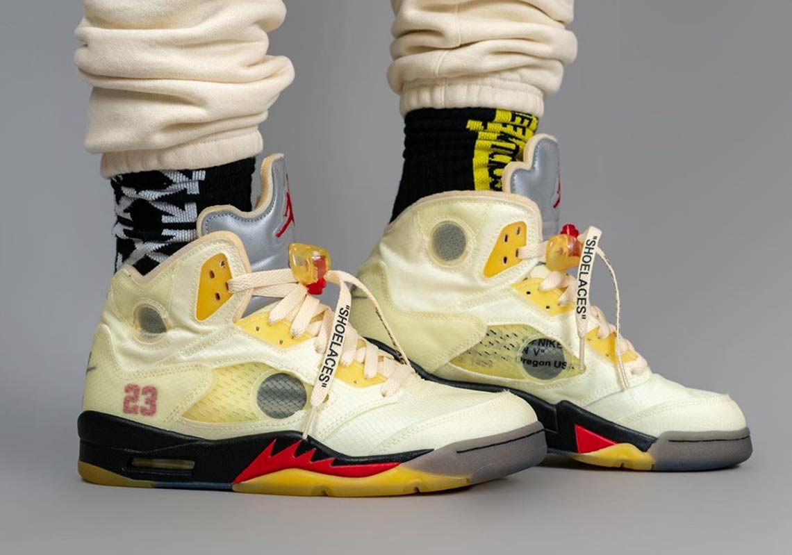 Updated On-Foot Look At The Off-White x Air Jordan 5 "Fire Red"