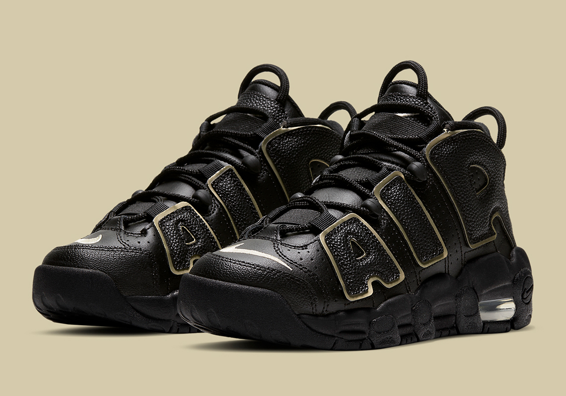 The Nike Air More Uptempo For Kids Adds Black Textured AIR With Gold Accents