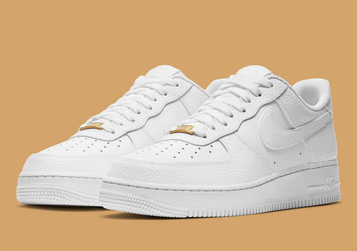 Nike's White-On-White Air Force 1 Gets Tumbled Leather Uppers And Gold Dubraes