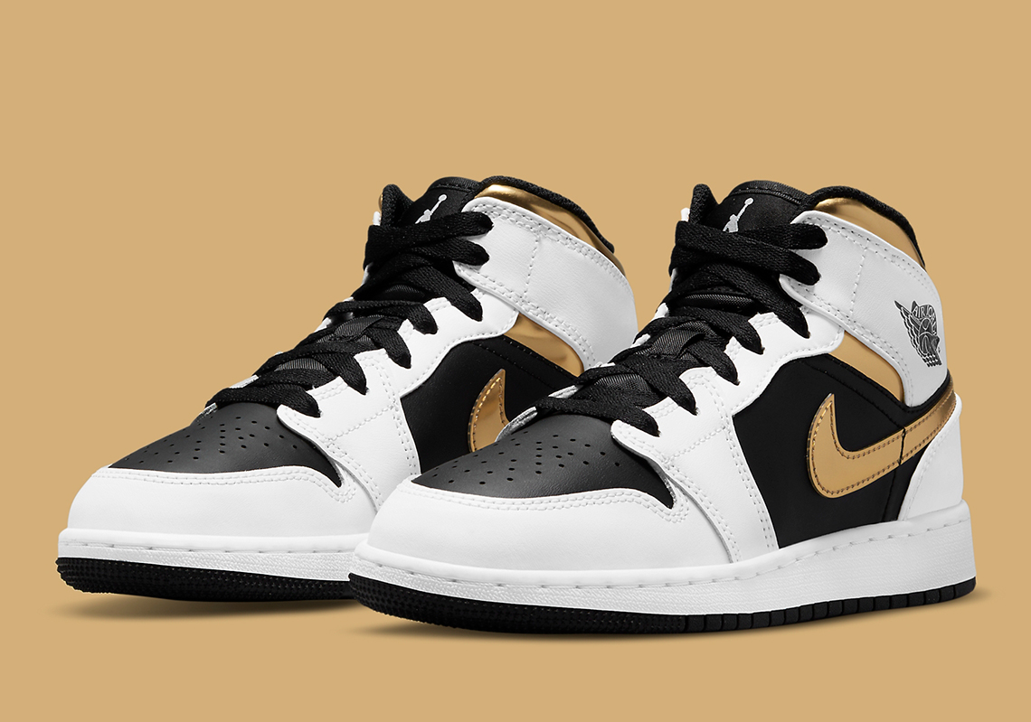 This Kids Air Jordan 1 Mid Remixes The Elegant White, Black, And Gold