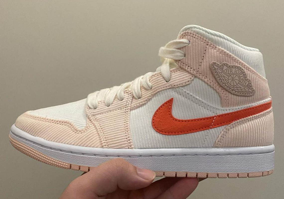 A Kid's Air Jordan 1 Mid Appears In Light Pink And Crimson Corduroy