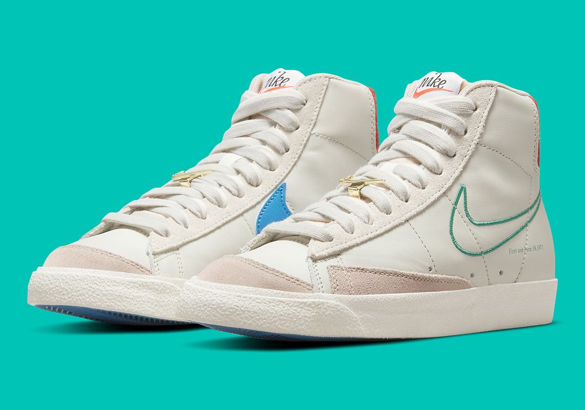 The Light Bone And Green Noise Pairing Give The Nike Blazer Mid '77 "First Use" A Vintage Look