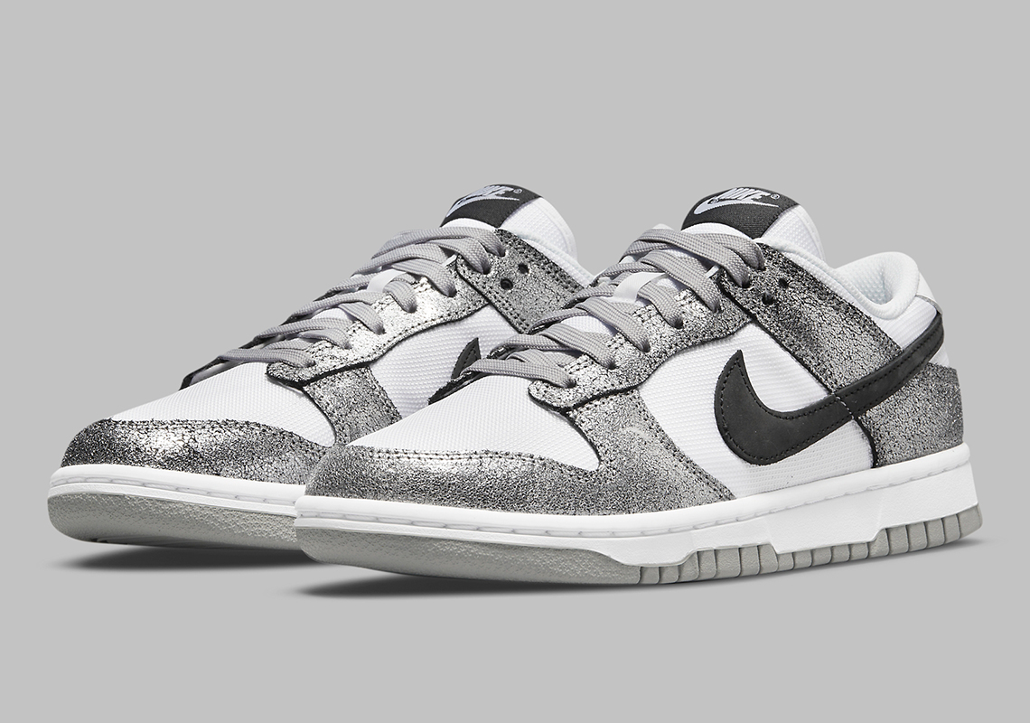 The Nike Dunk Low Features Silver Cracked Leather