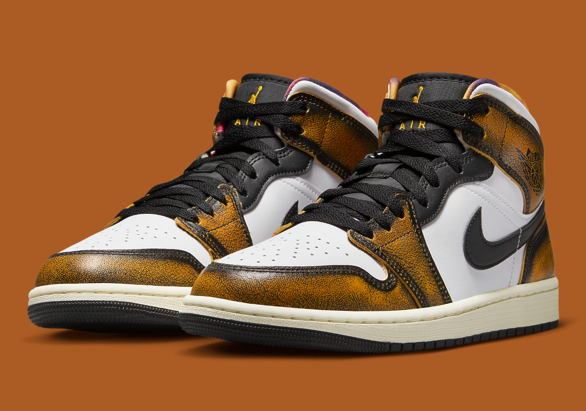 An Orange Air Jordan 1 Mid "Wear-Away" Appears With Tie Dye Inner-Lining