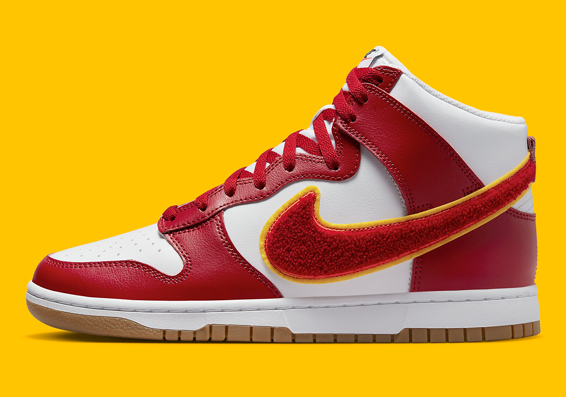 "Gym Red" Chenille Swooshes Animate This Nike Dunk High