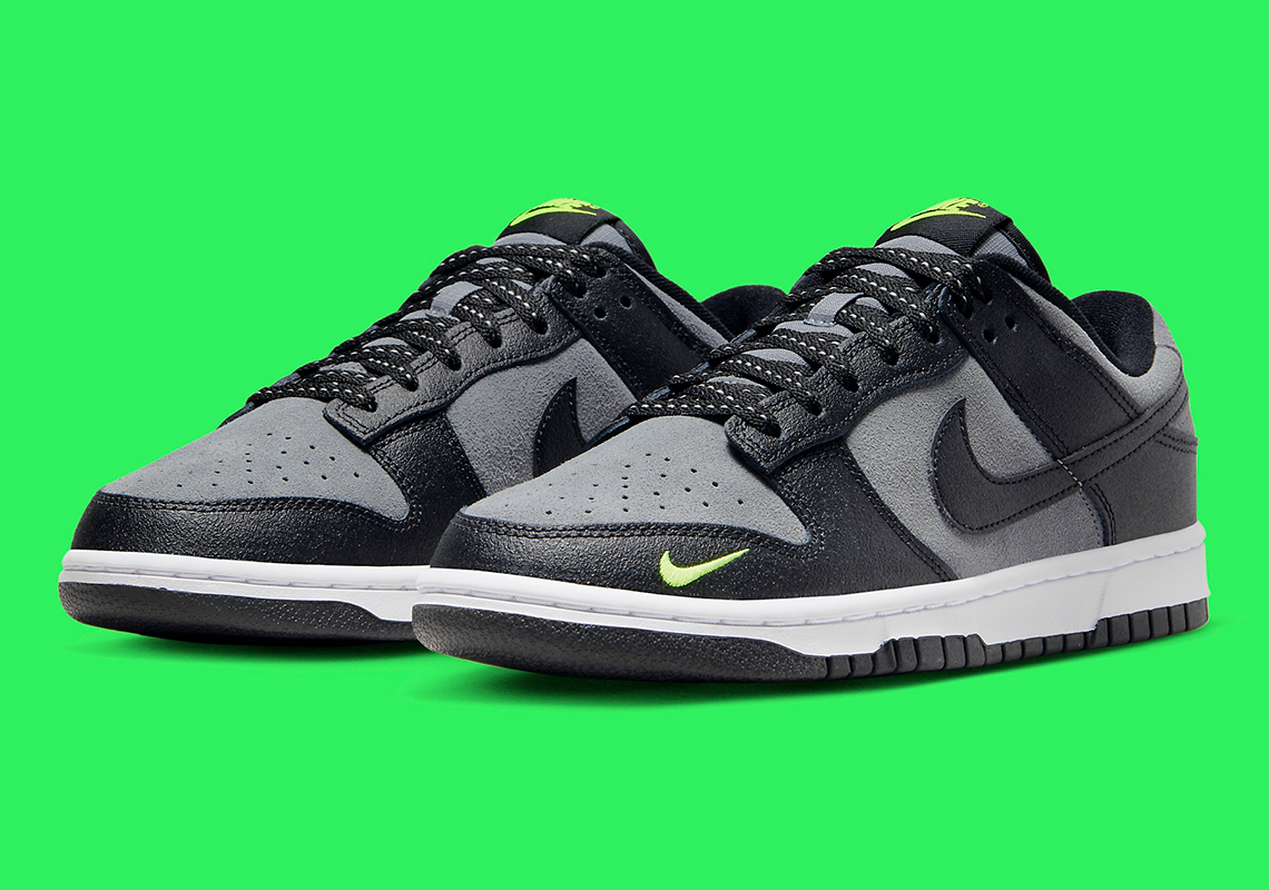 Nike Dunk Low Black Grey Neon Mini Swoosh Fq2205 001 2