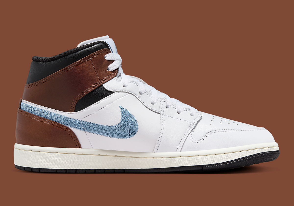 Air Jordan 1 Mid Se Embroidered White Blue Brown 5