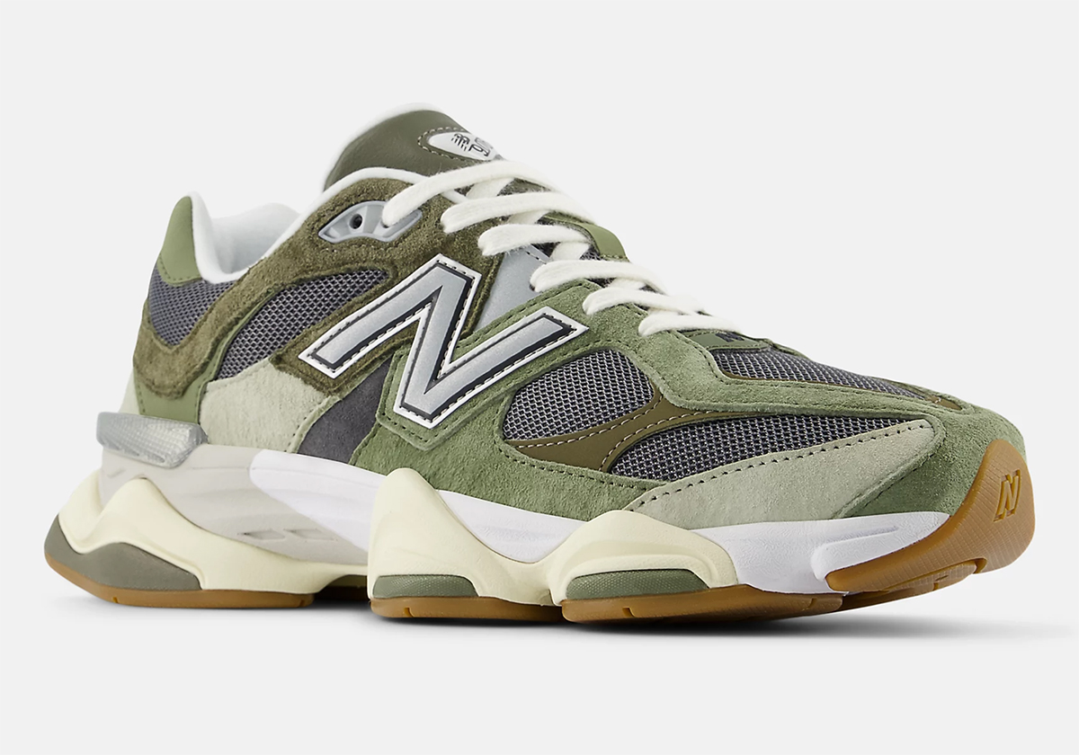 The New Balance 9060 Wears Mixed Green Suede Overlays